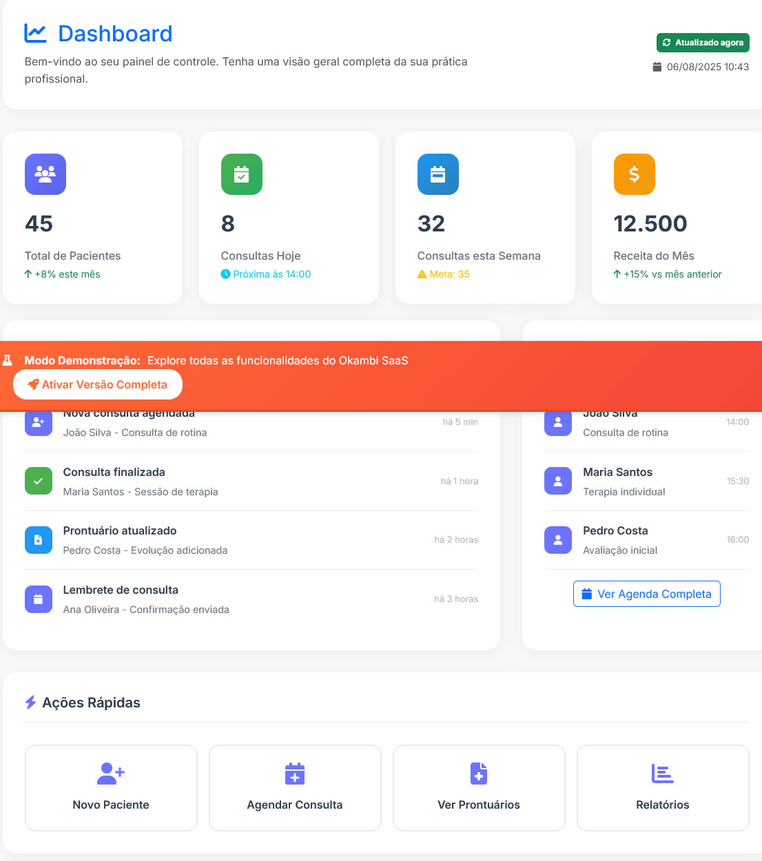 Dashboard Vitasystem - Interface intuitiva para terapeutas